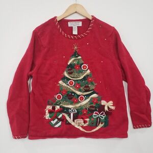 90s Christmas Tree‎ Ugly Sweater Women Red Vintage Holiday Party Festive Retro